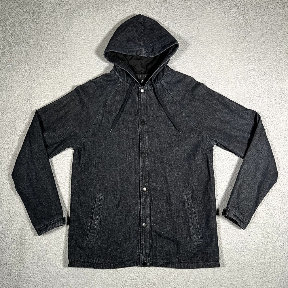 Krew Jacket Mens‎ Medium Black Denim Hooded Lined Casual Preppy Pocket Logo Kr3w